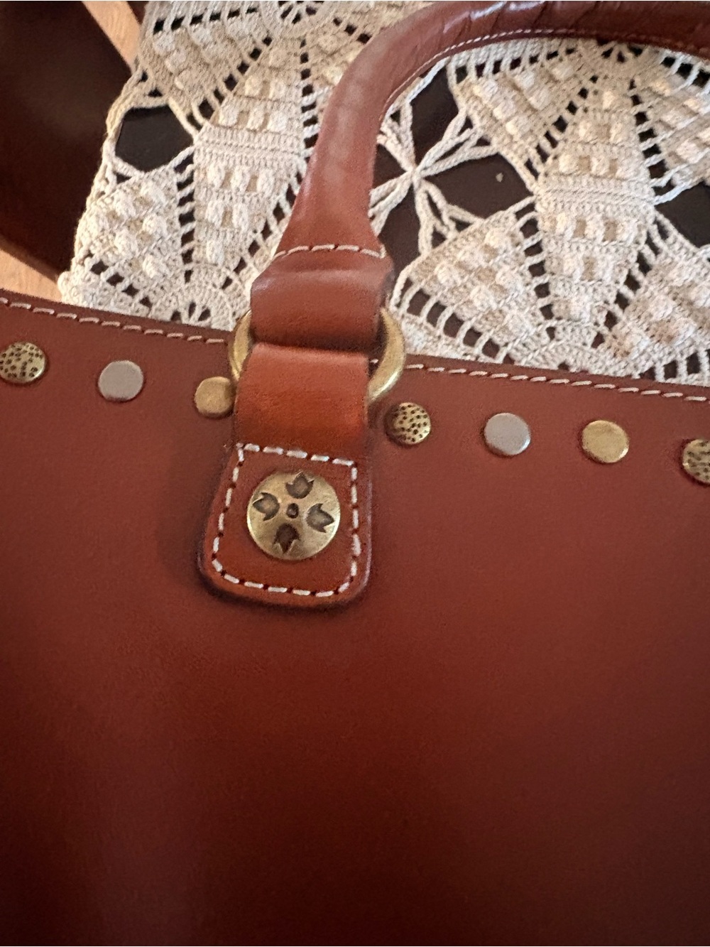Patricia Nash Cognac Leather Shoulder Tote with Stud Trim - Picture 6 of 16